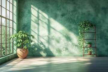 A 3D rendering of an empty room with a green stucco wall and a plant stand serves as interior background in stock photo