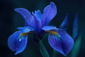an indigo blue iris flower with glistening dew drops on delicate petals, set against a deep navy twilight background, showcasing intricate natural details and serene botanical beauty for nature themes
