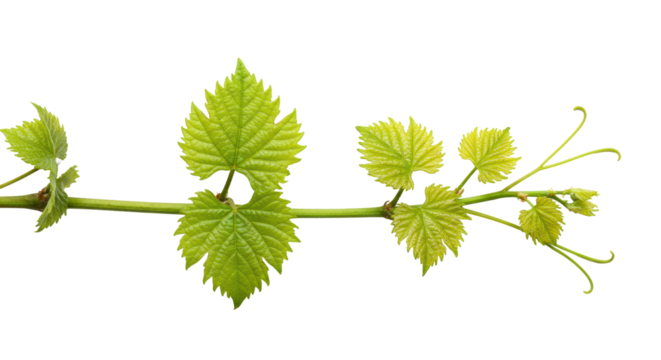 Vibrant green grapevine branch with fresh emerald leaves, intricate veins, and light-green curling tendrils, showing new growth, horizontally on transparent background, soft studio light, concept of