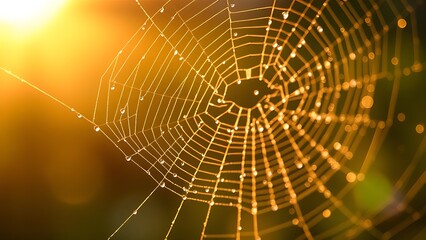 ethicist. Morning dew glistening on a delicate spiderweb in golden light. wildlife magazines, conservation campaigns, designed for nature documentaries and education, used by devops engineers.