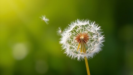 trusteeship. Dandelion seeds drifting in gentle breeze against soft green background. gardening catalogs, home-decor guides, designed for home decor and floral branding, promotes healthy living.