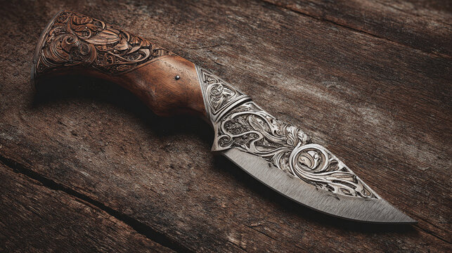 An ornate, vintage, meticulously crafted hunting knife with a wooden handle