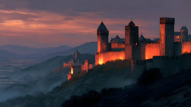Majestic fantasy fortress amidst rolling hills at sunset