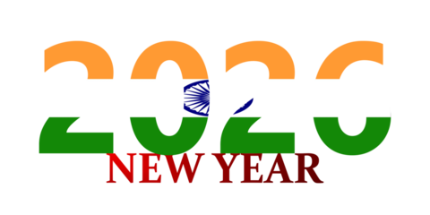 Happy New Year 2020 greeting with the number stylized as the Indian national flag on a white background.