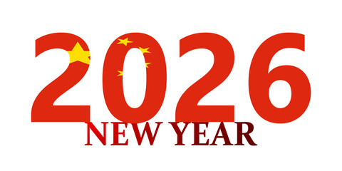 Happy New Year 2026 text with the Chinese flag design on a white background.