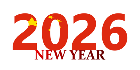 Happy New Year 2026 text with the Chinese flag design on a white background.