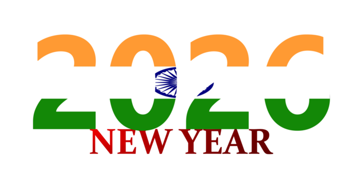 Happy New Year 2020 greeting with the number stylized as the Indian national flag on a white background.