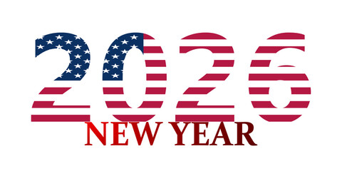 The year 2026 stylized with the American flag pattern, celebrating the New Year on a white background.