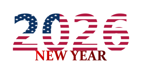 The year 2026 stylized with the American flag pattern, celebrating the New Year on a white background.