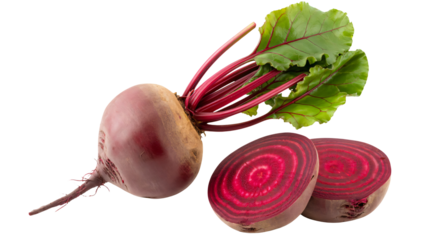 Freshly harvested beetroot with vibrant green leaves and ruby red slices, a healthy and delicious ingredient perfect for culinary creations