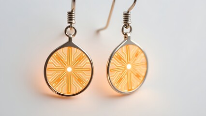 materialization. Elegant minimalist earrings with glowing embedded circuit pattern, fusion of fashion and technology. symbolizing technological progress and responsible innovation.