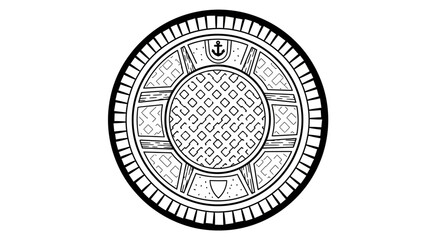 Naklejka premium Detailed illustration of a circular manhole cover with intricate design elements.