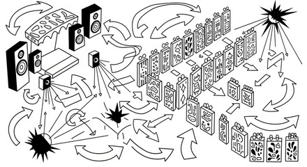 Fototapeta premium Diagram of Audio System and Data Flow with Arrows.