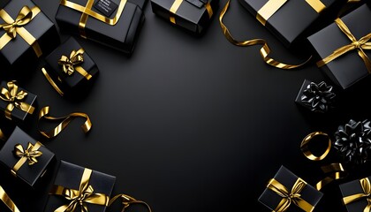 Black gift boxes on dark background.