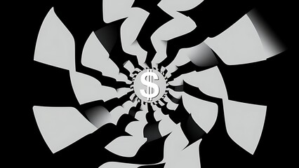 cynicism. A distorted spiral pattern featuring a currency symbol at its center in monochromatic graphic design style. pitch deck slides.