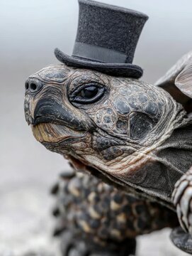 Turtle in a tiny top hat enjoys a sunny day on the warm beach with a relaxed, playful vibe