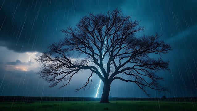 predictability. A solitary tree struck by lightning during a storm with dramatic sky. ESG reports, sustainability campaigns, designed for sustainability communications and ESG reporting.