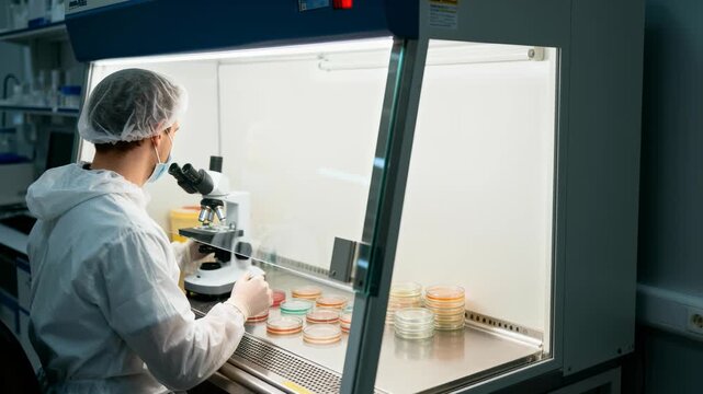 Scientist wearing protective gear and mask conducting microbiological research in a laboratory. Petri dishes with samples are placed under a laminar flow hood for sterile conditions.