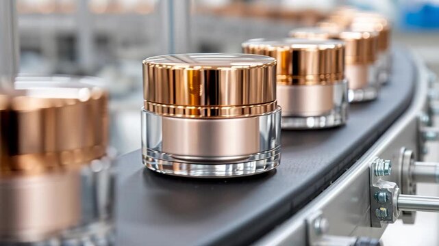 Luxurious rose gold and clear cosmetic cream jars moving smoothly on a factory production line conveyor.