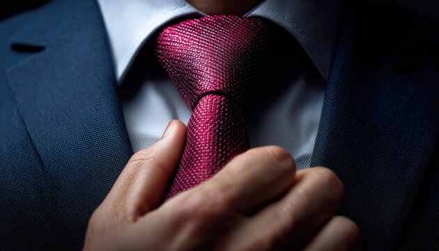 Close-Up Front View Of Man In Suit Adjusting Tie To Ensure It Is Straight And Neat. The Image Focuses On The Details Of The Tie Adjustment. - Powered by Adobe