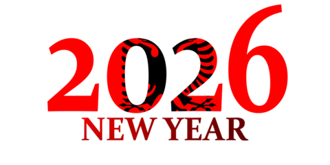 Graphic design for New Year 2026 featuring the numbers filled with the Albanian flag pattern.