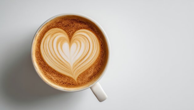Top View Of Heart-Shaped Hot Latte Art Coffee In A White Cup On White Background With Clipping Path. Magnificent Beverage Display.