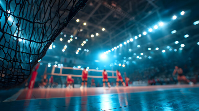 Intense volleyball match in a massive indoor stadium captured in dynamic angles