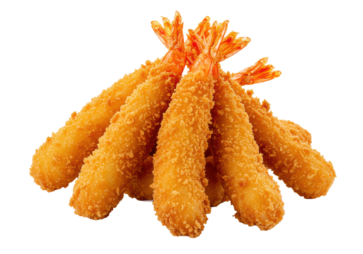 A meticulously arranged pile of golden-brown, crispy breaded ebi fry shrimp with vibrant red tails, isolated on a transparent background with copy space. Concept for premium food advertising