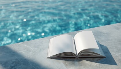 Relaxing By The Pool: Mockup Blank Book Displayed On Marble Table Perfect For Reading During Vacation. Ideal Staycation Setting.