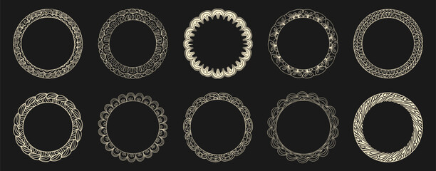 Golden round frame set on black background. Elegant ornamental circles with intricate line details, perfect for luxury branding, invitations, and classic decorative design