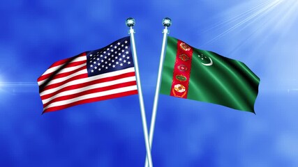 USA and Turkmenistan Flag Waving On Pole Loop
