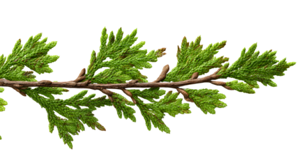 A fresh green cedar twig isolated on a white background, a natural evergreen branch for decoration, a conifer plant piece, a detailed thuja leaf close-up, a holiday nature object.