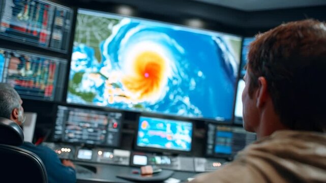 A man intently watches a massive screen displaying a swirling hurricane map in a high-tech control room.