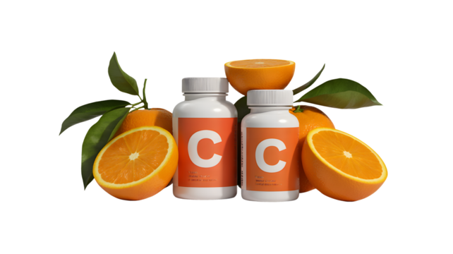 Two bottles of vitamin C supplement with fresh oranges and leaves are displayed.