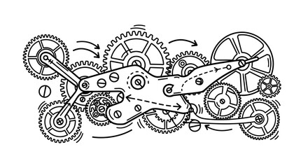 Intricate hand drawn illustration of a complex gear mechanism.