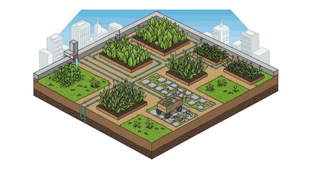 Isometric Rooftop Garden with Diverse Plants and Urban Setting.