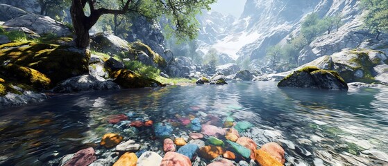 A vibrant landscape featuring a serene river with colorful stones at the bottom, surrounded by lush greenery and towering mountains under a bright blue sky.