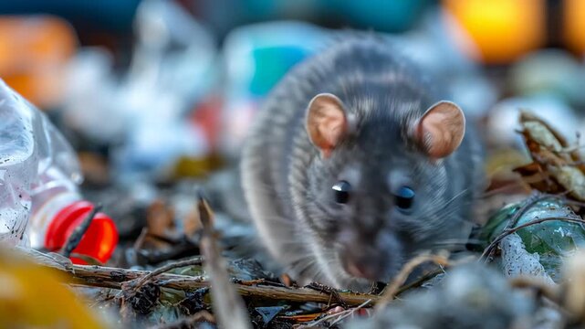 Brown rat scavenging through a pile of garbage bags, in urban environments. Rats amidst debris. Sanitation issues, pests problem in city. Rodents in dirty, unsanitary setting, disease. Pile of trash