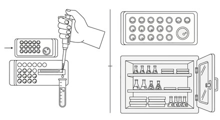 Line art illustration of laboratory work including pipetting and sample storage.