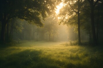 Peaceful Misty Forest with Sun Rays Shining through Trees