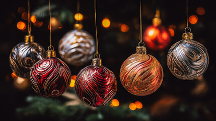 Festive Christmas ornaments hanging with blurred lights in the background. These colorful baubles are perfect for holiday decorations, adding a touch of elegance and cheer to winter holidays 2026.
