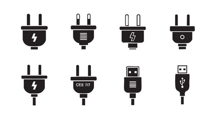 Electric plug types and power connectivity illustrated in four distinct variations