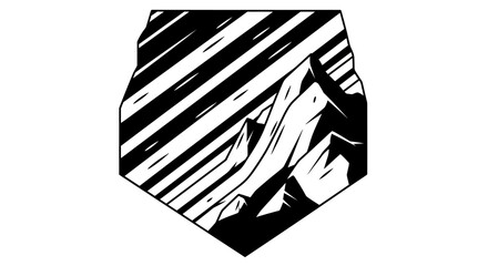 Mountain Peaks in Geometric Shield Shape Black and White Illustration.