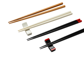 Three pairs of traditional Asian chopsticks: wooden, white ceramic, and black with red tips, laid diagonally on a transparent background with soft light and shadows, elegant dining concept