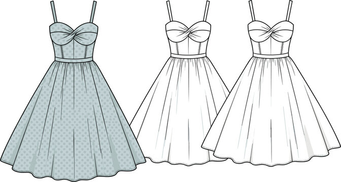 Women's sweetheart neck dress vector illustration, twisted bust corset bodice, fit and flare flat sketch, polka dot pattern, technical fashion drawing template, summer party wear.