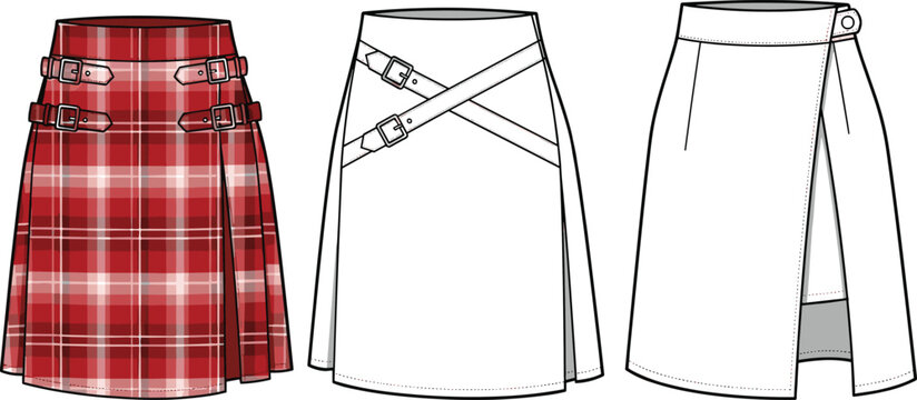 Women's tartan plaid kilt skirt vector fashion flat sketch, buckle straps, pleated wrap design, front and back views, technical drawing template