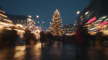 Festive christmas market with illuminated tree and blurred crowd at night