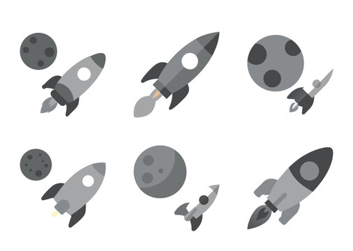 Space shuttle launch with space rocket icons set