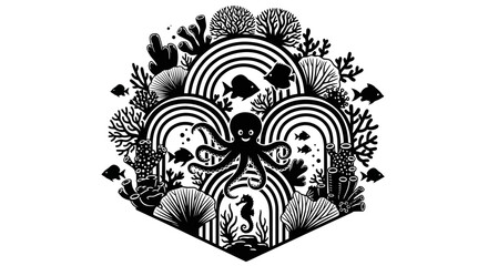 Octopus and Seahorse in a Stylized Underwater Scene.