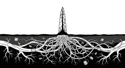 Oil Rig with Extensive Root System Underground Black and White Illustration.